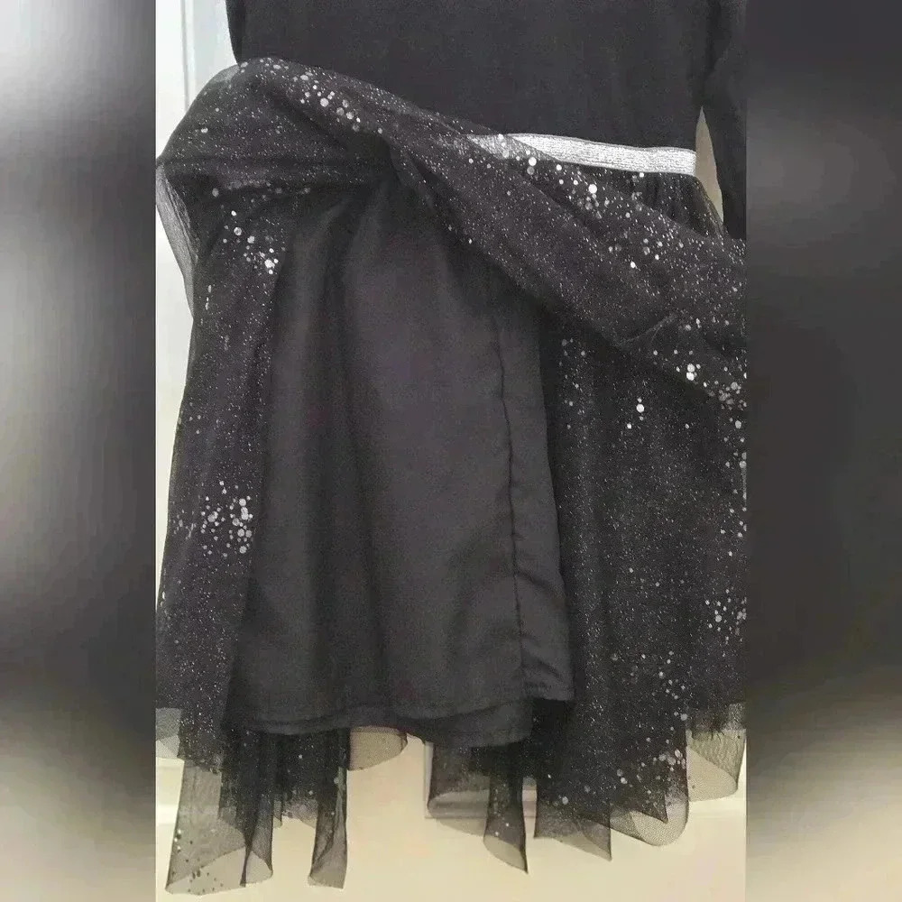 Girls black and silver glitter layered tule long sleeve dress size 6 / 6X - Picture 6 of 8